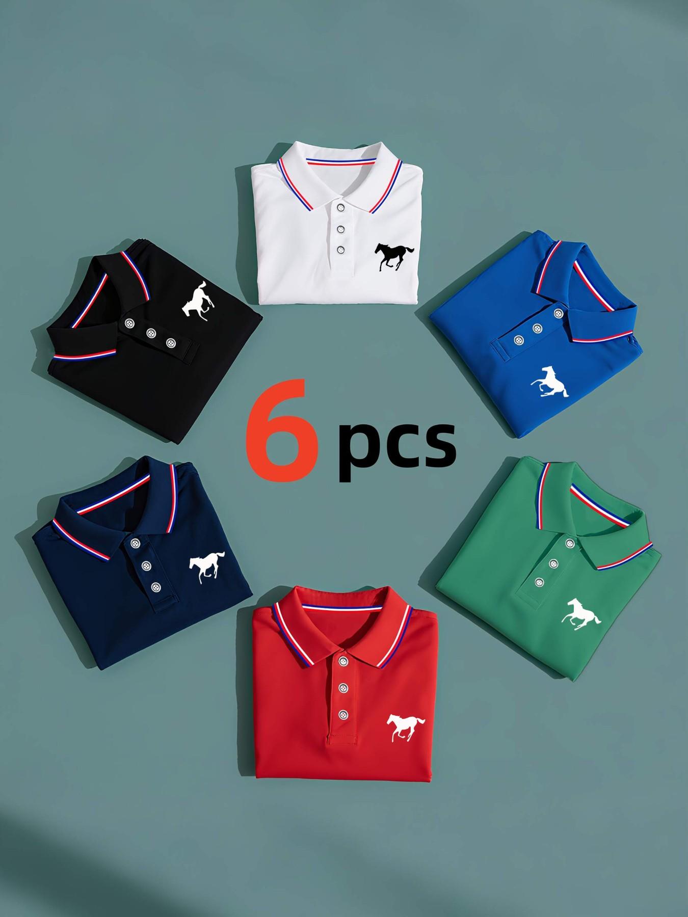 Men's Polo Shirt Set, Casual Fashion Home Wear, Solid Color Fitted Short Sleeve Horse Print, Contrast Collar, Breathable Daily/golf Shirts