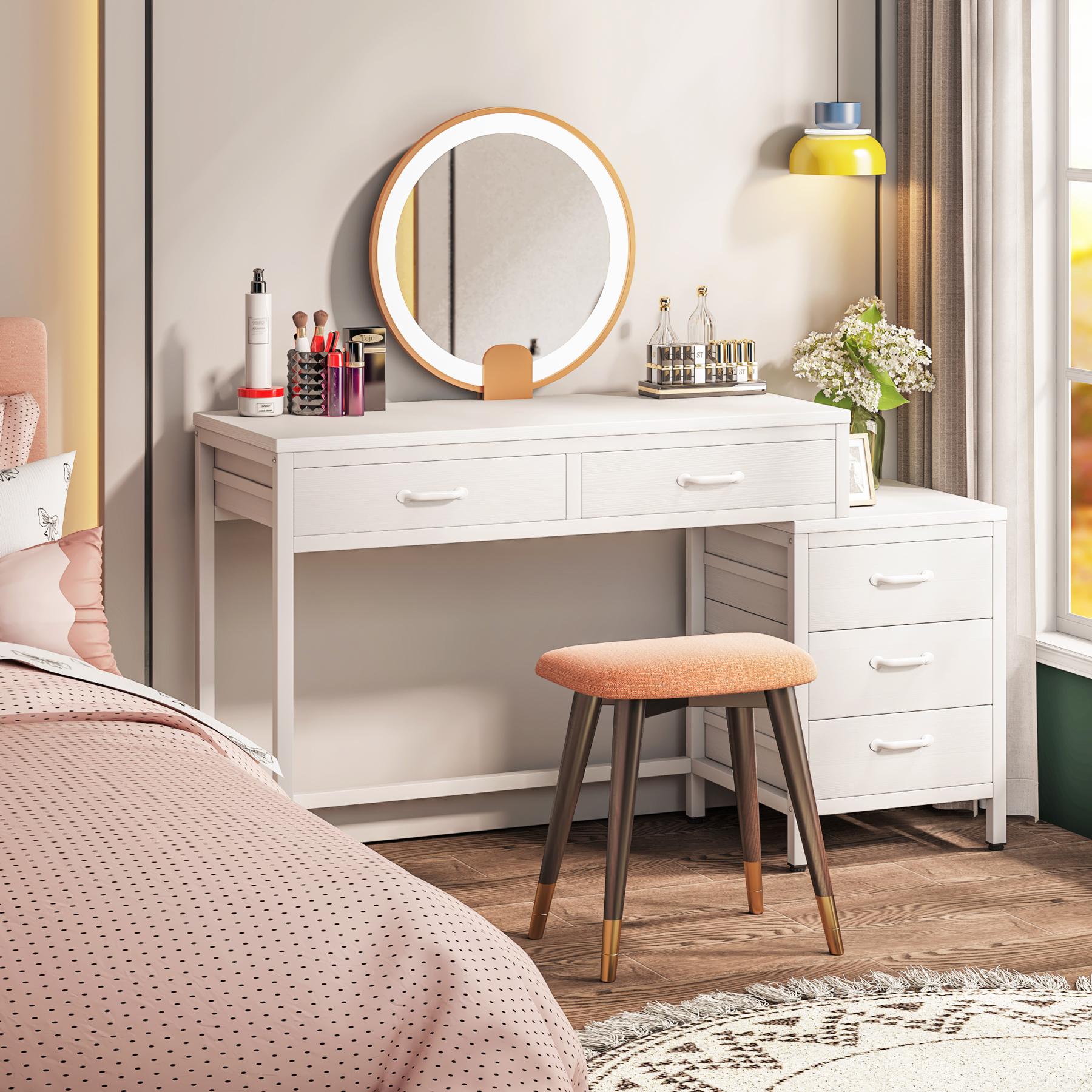 LITTLE TREE Vanity Desk with 5 Drawers, Makeup Vanity Table Dressing Table with Side 3-Drawer Chest, Make Up Vanities for Women, Girls (Without Mirror)