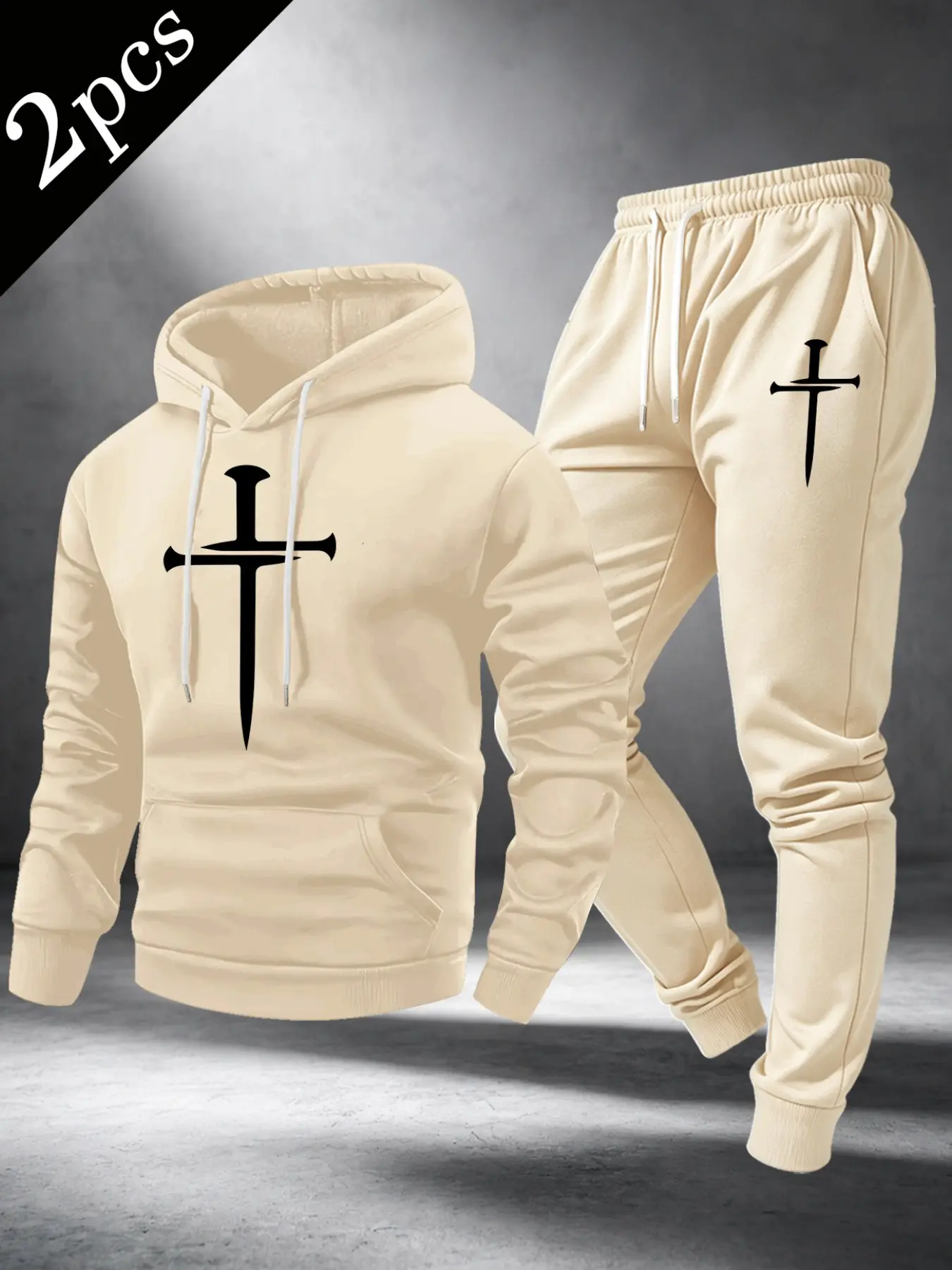 Men's 2pcs Drawstring Pullover Hoodie & Jogger Pants Set, Faith Cross Inspired Graphic Print Outfit, Soft Casual Sweat Suit, Back To School American Streetwear Daily Outdoor Trendy Tracksuit