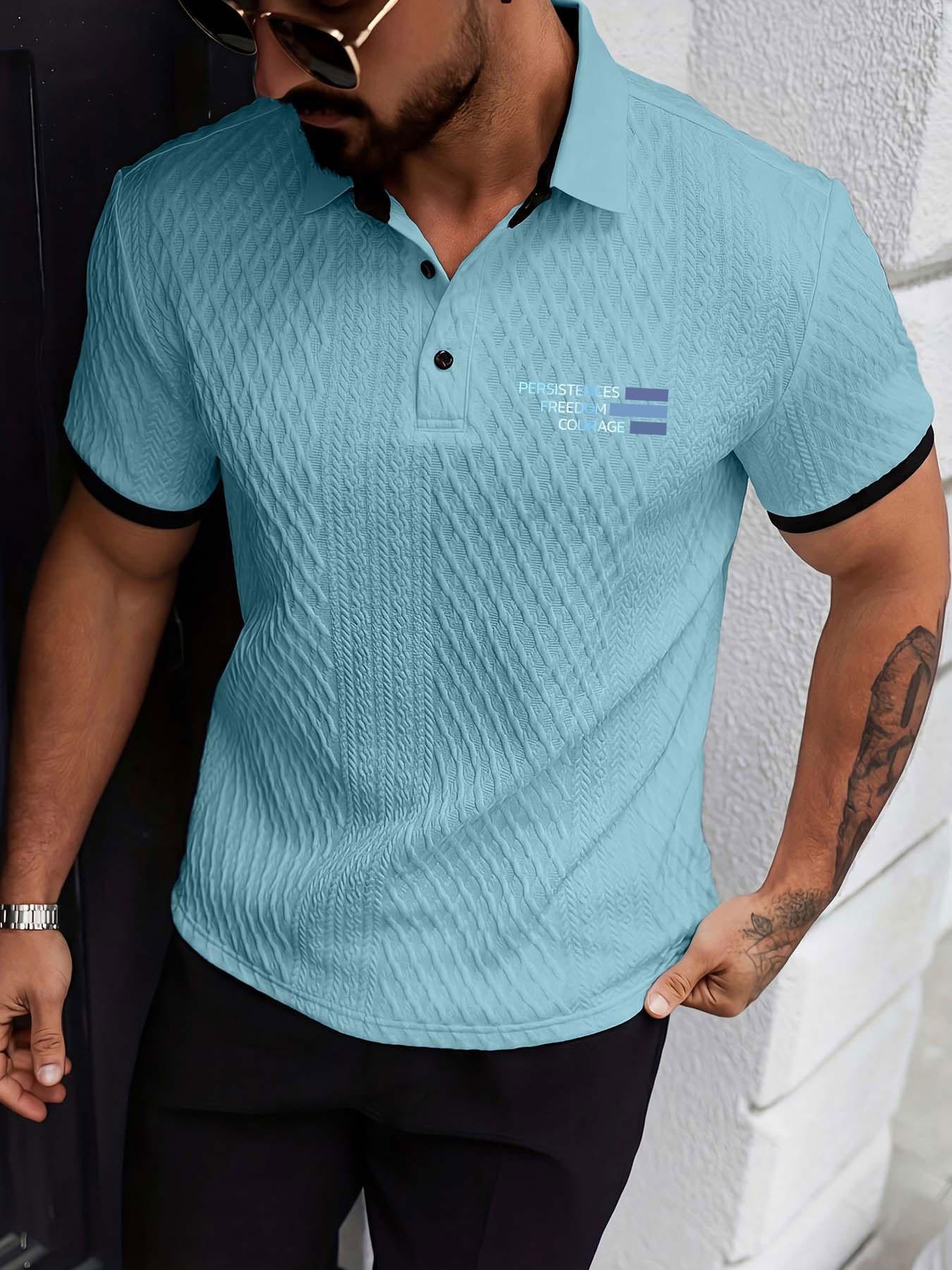 Men's Colorblock Polo Shirt with Textured Pattern, Button Short Sleeve, Geometric and Letter Print, Casual Daily Wear