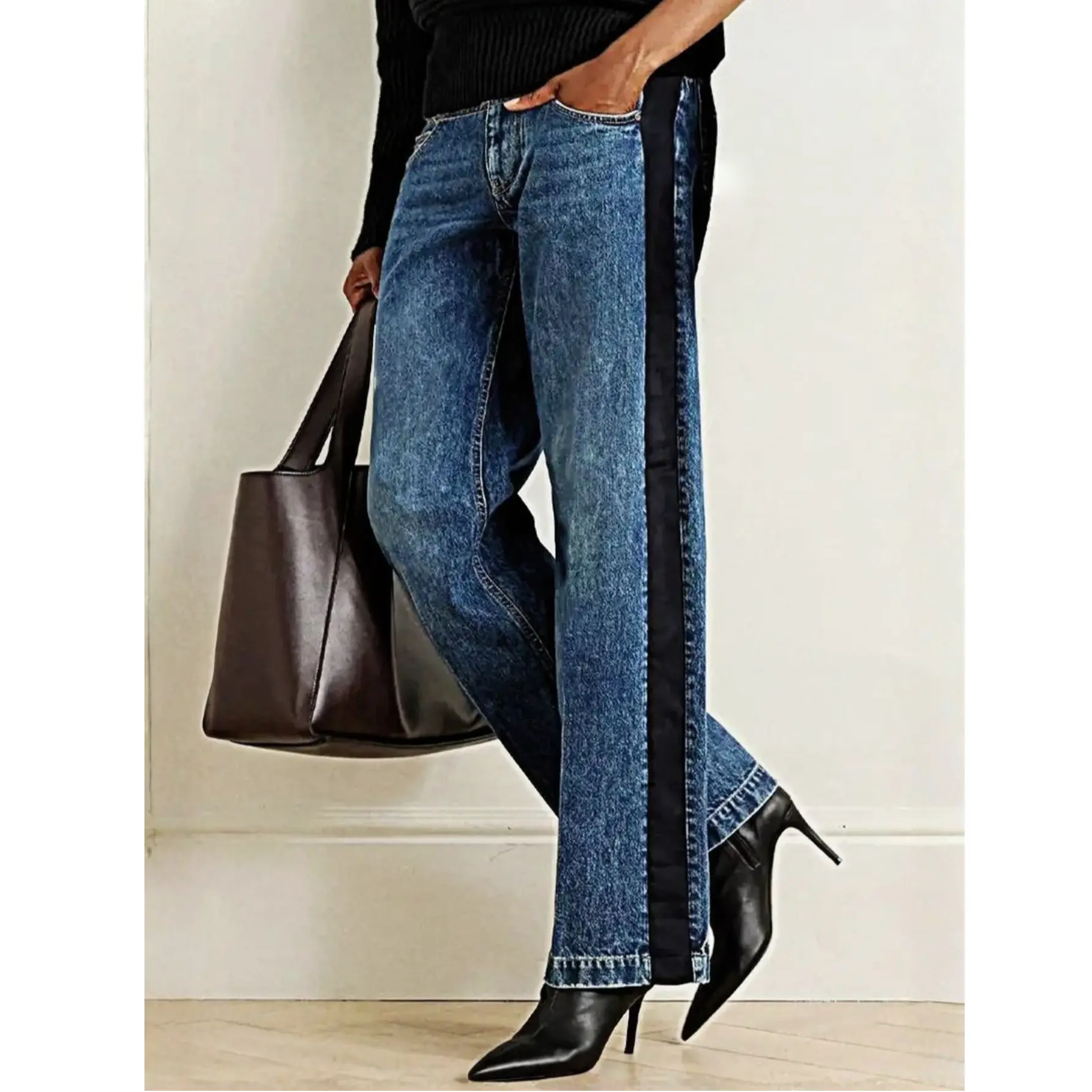 T45 European and American women's jeans, patchwork loose wide-leg straight pants, street style hot girl long pants, cross-border Y1 dropshipping