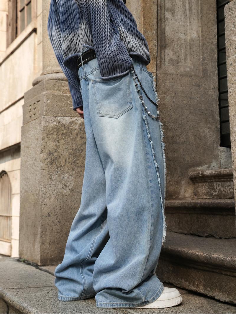 Men's American Casual Light Wash Blue Loose Straight Jeans, Y2K Street Style, Drop Crotch Design, All Seasons, Zipper Fly, Loose Fit