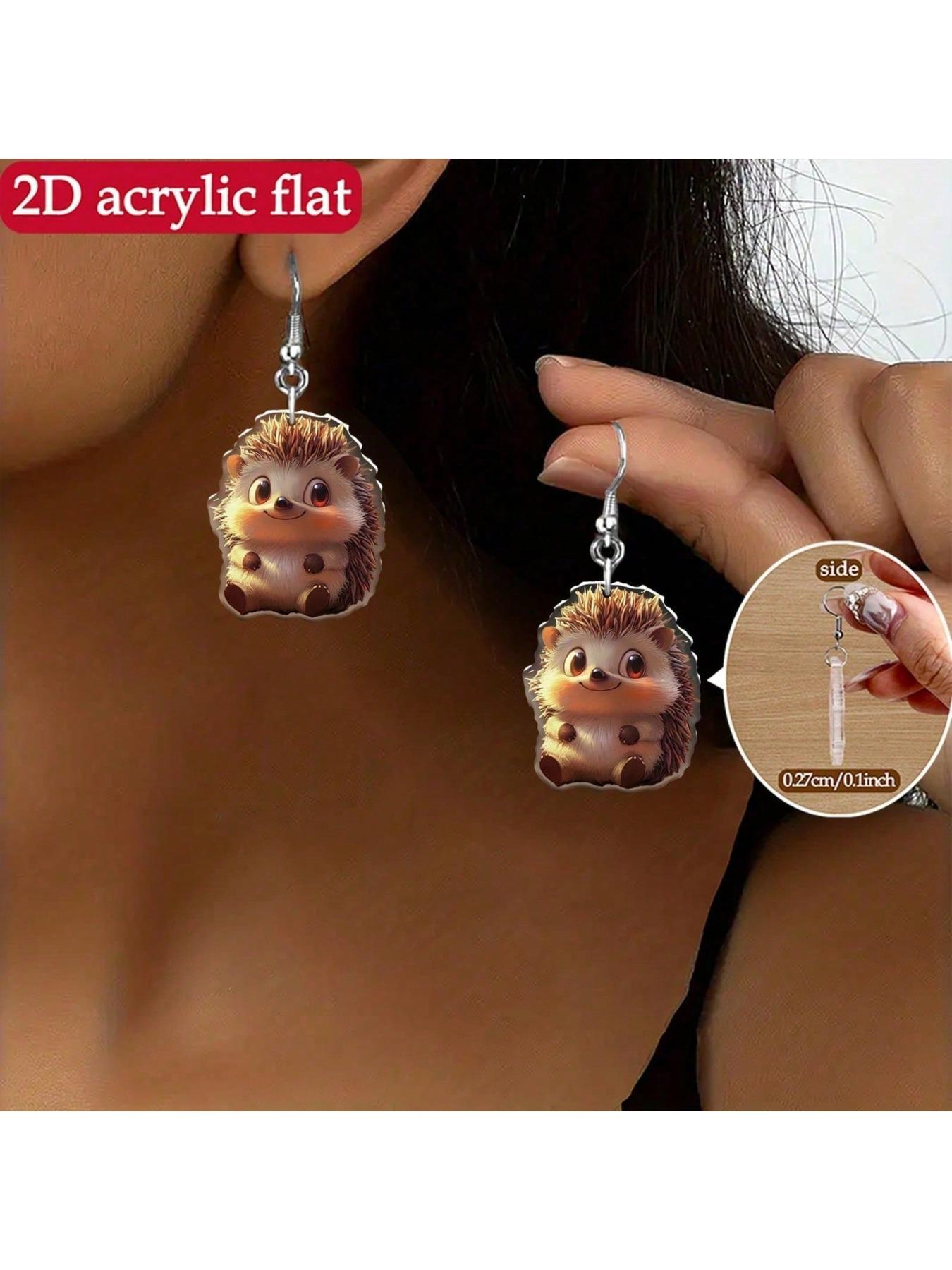 acrylic material, cute printed hedgehog design women's earrings - the perfect gift for art enthusiasts, suitable for Christmas and Thanksgiving celebrations