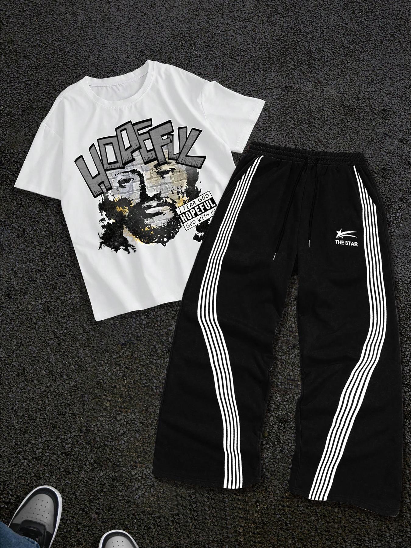 Men's Letter Print Short Sleeve Graphic Tee & Side Stripe Drawstring Waist Pants Two-piece Set, Regular Fit Round Neck T-shirt & Pocket Trousers, Casual Fashion Cozy Breathable Men Outfits for Spring & Fall