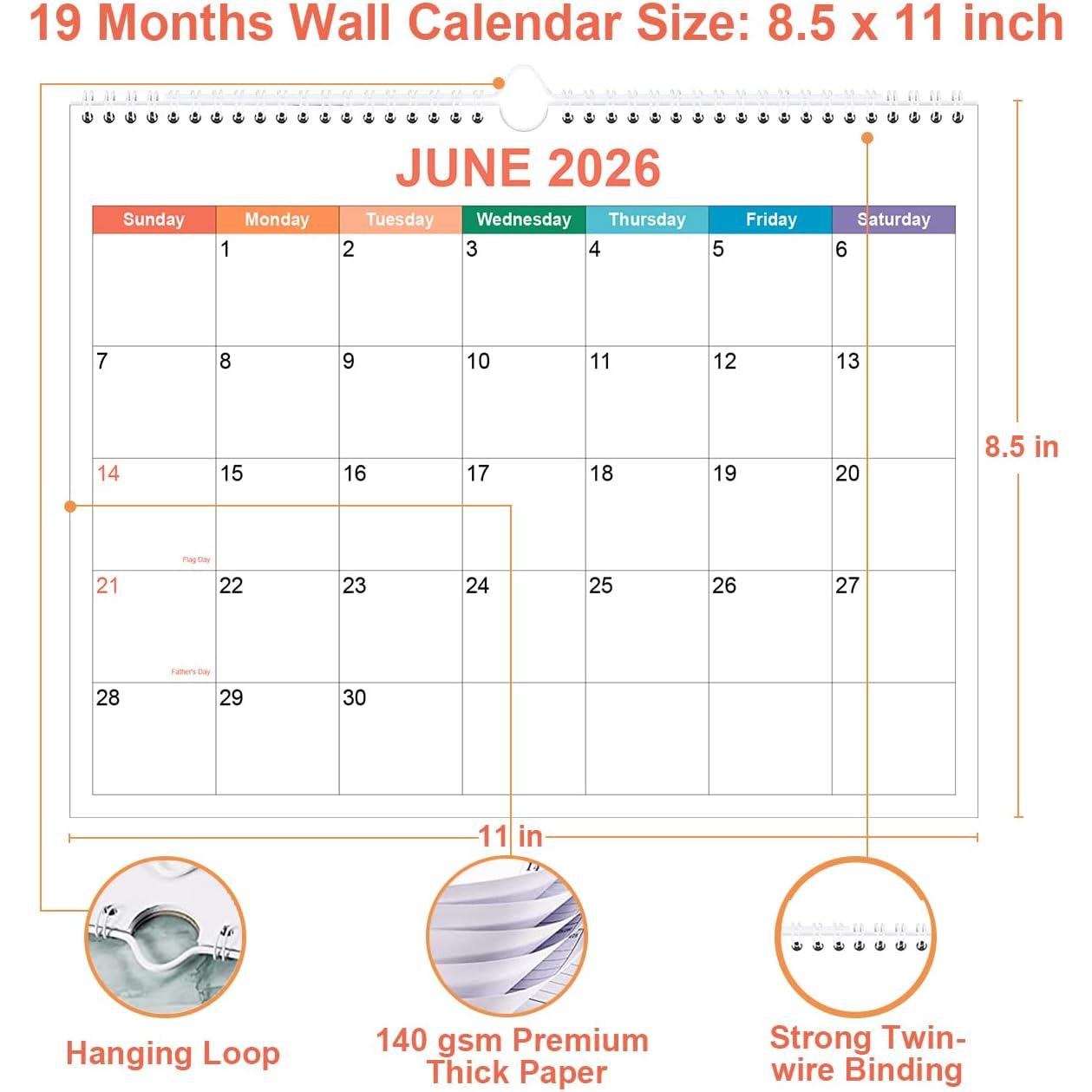 17-Month Wall Calendar 2026-2027 (August 2026-December 2027) - 8.5x11", Paper, Wire Binding, Hook, Colorful Home Supplies Wall Decor