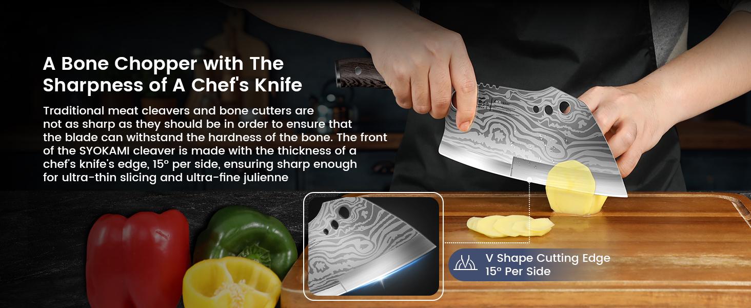 【TikTokShopSpringGlowUp】SYOKAMI Meat Cleaver Chef Knife with Sheath, 7.7 Inch Multifunction Butcher Knife with Herb Stripper, Chopping Knife Heavy Duty Bone Cutting, Damascus Pattern Full Tang Wood Handle, Christmas, Mother's Day Gifts