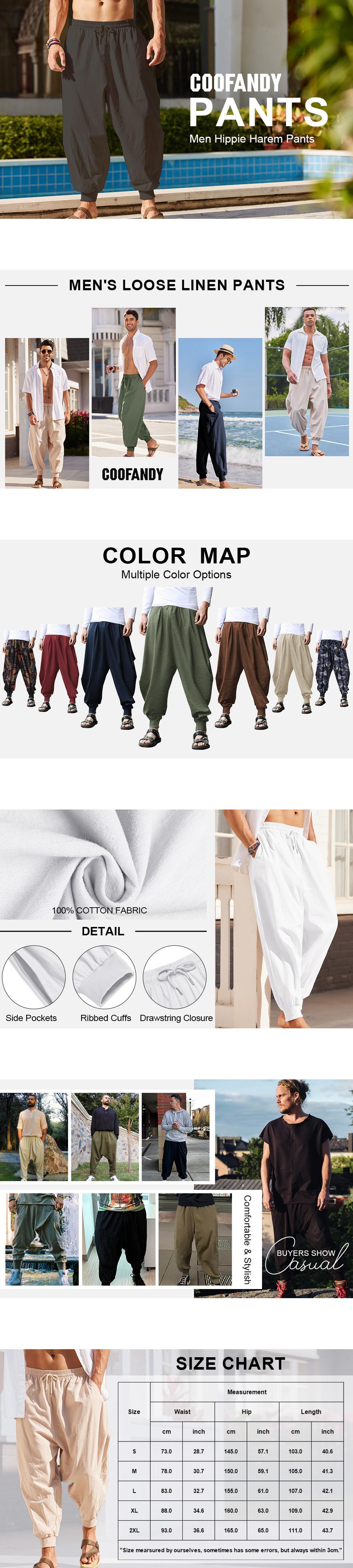 COOFANDY Men Hippie Harem Pants Baggy Linen Boho Yoga Casual Drop Crotch Trouser