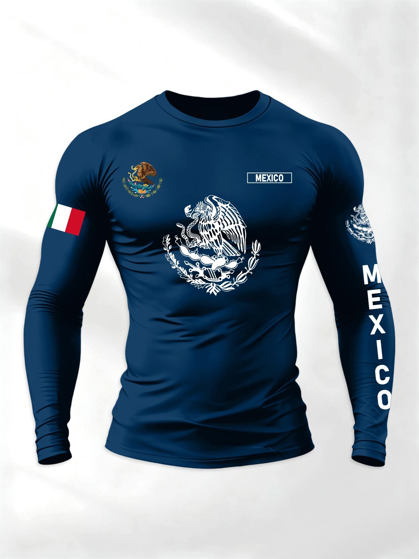 Men's Sporty Round Neck Long Sleeve T-Shirt for Spring & Fall, Athletic T Shirt, Mexican Eagle Snake Letter Pattern, Comfortable Streetwear