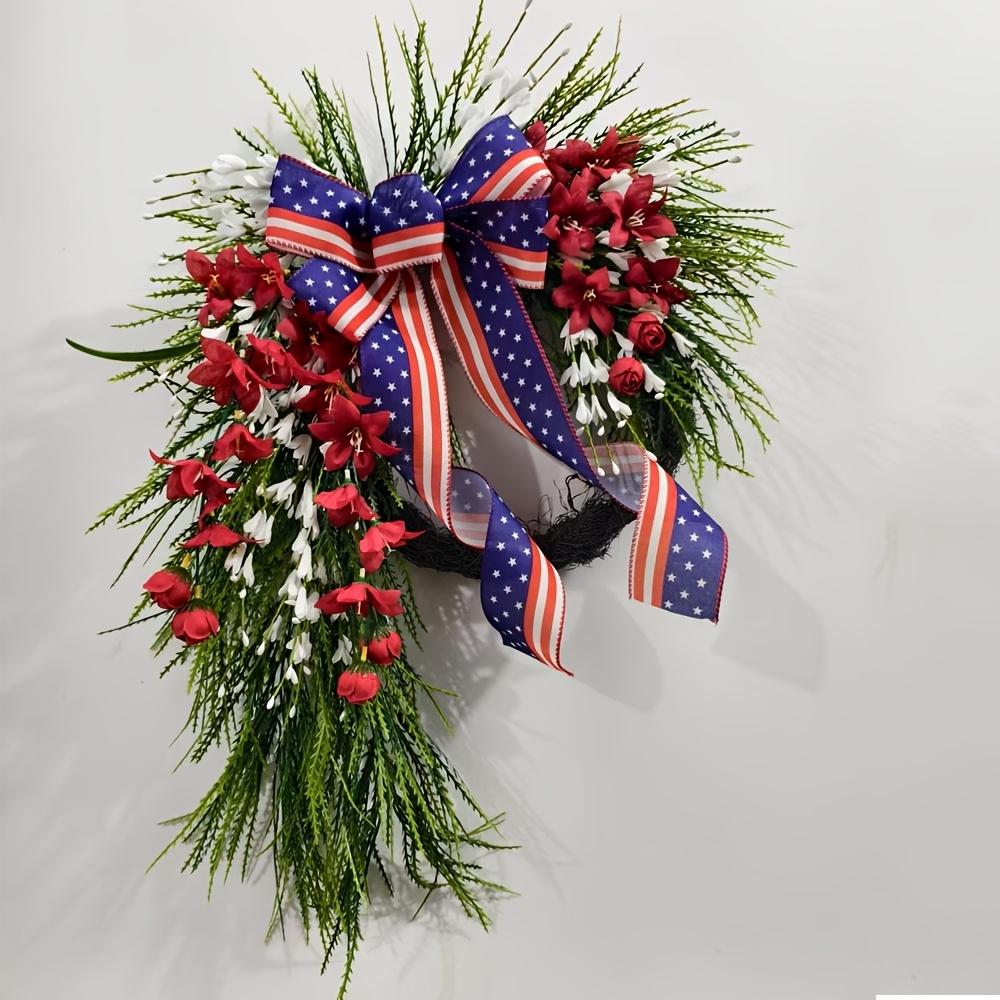 Elegant Patriotic Water Drop Wreath, Floral Accents, Star Spangled Bow, Memorial Day & Veterans Day Door Decor