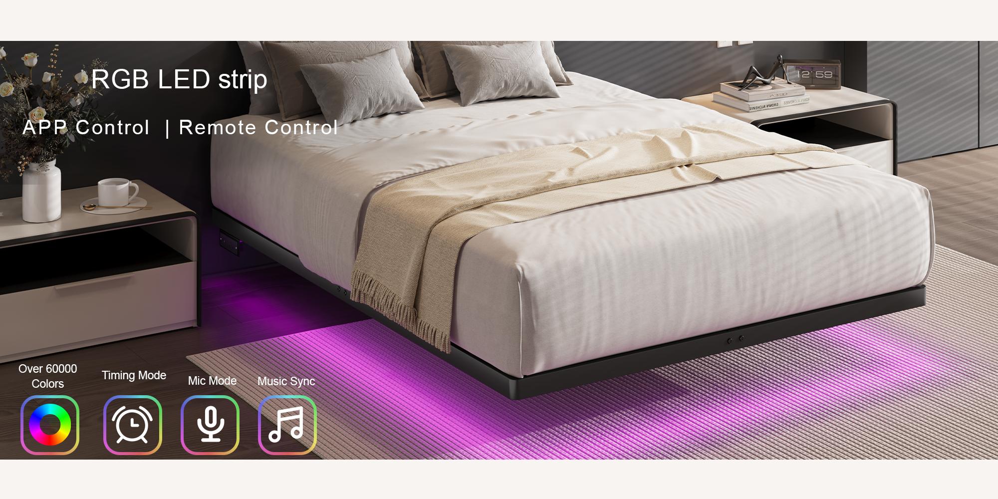 【SPOTLIGHT DAY】ONBRILL Floating Bed Frame with LED Lights Metal Slats Underbed Storage Space No Box Spring, Bedroom Furniture 【SPOTLIGHT DAY】ONBRILL Floating Bed Frame with LED Lights Metal Slats Underbed Storage Space No Box Spring, Bedroom Furniture