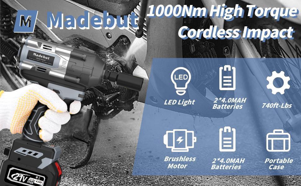 Cordless 1000N.m Impact Wrench,3-speeds Cordless Impact Gun with 2*4.0Mah, 740Ft-lbs Electric Impact Erench with 5 Sleeves, High Torque 1/2 Impact Wrench, Power Impact Wrenches for Home Car Tyre