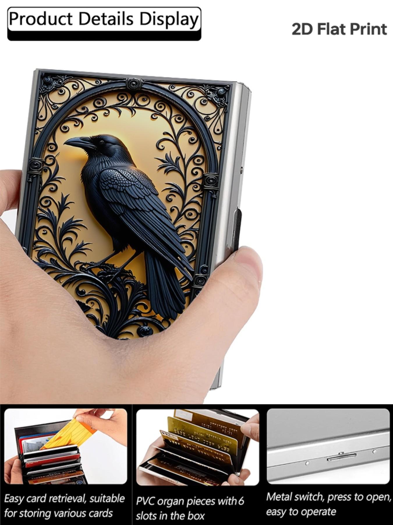 Crow Pattern Rfid Metal Card Holder, Multi-Layer Design, Ultra-Thin Magnetic Closure, Perfect Gift for Men & Women
