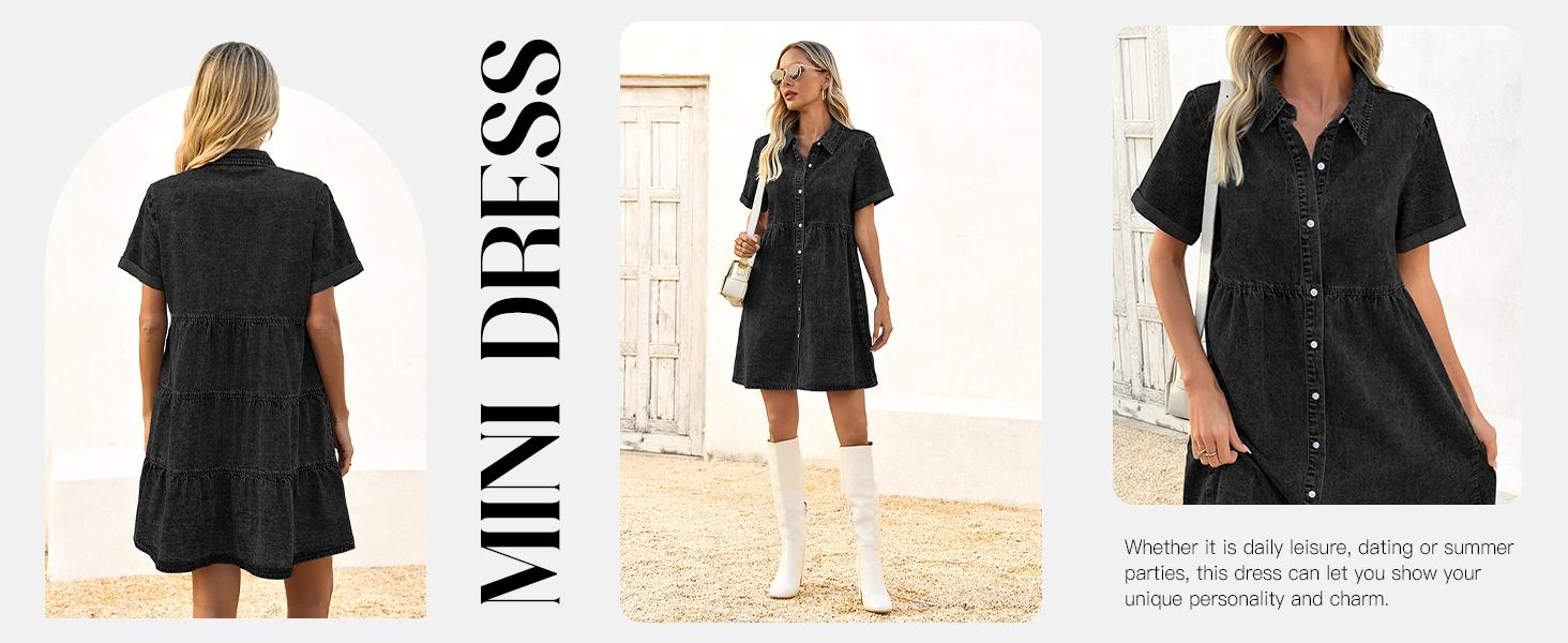 FMEYOA Womens Summer Denim Dress Button Down Short Sleeve Babydoll Dress Puff Sleeve Flowy Jean Dress