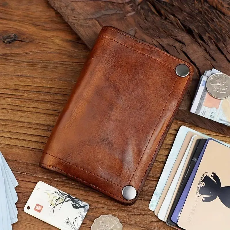 Men's First Layer Cowhide Leather Wallet Purse - Handmade Finish, Retro Style, Multi-Card Slots, Large Capacity