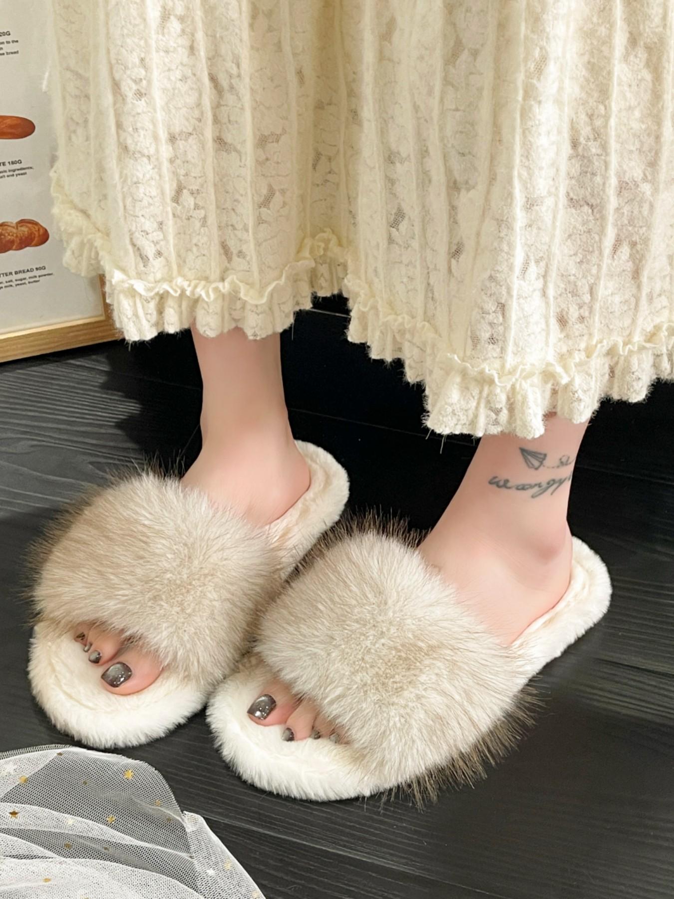 Pure Color Plush Slippers, Comfortable Soft Shoes for Women and Girls, Fashion Trendy Design, Open-Toe Wedding Shoes