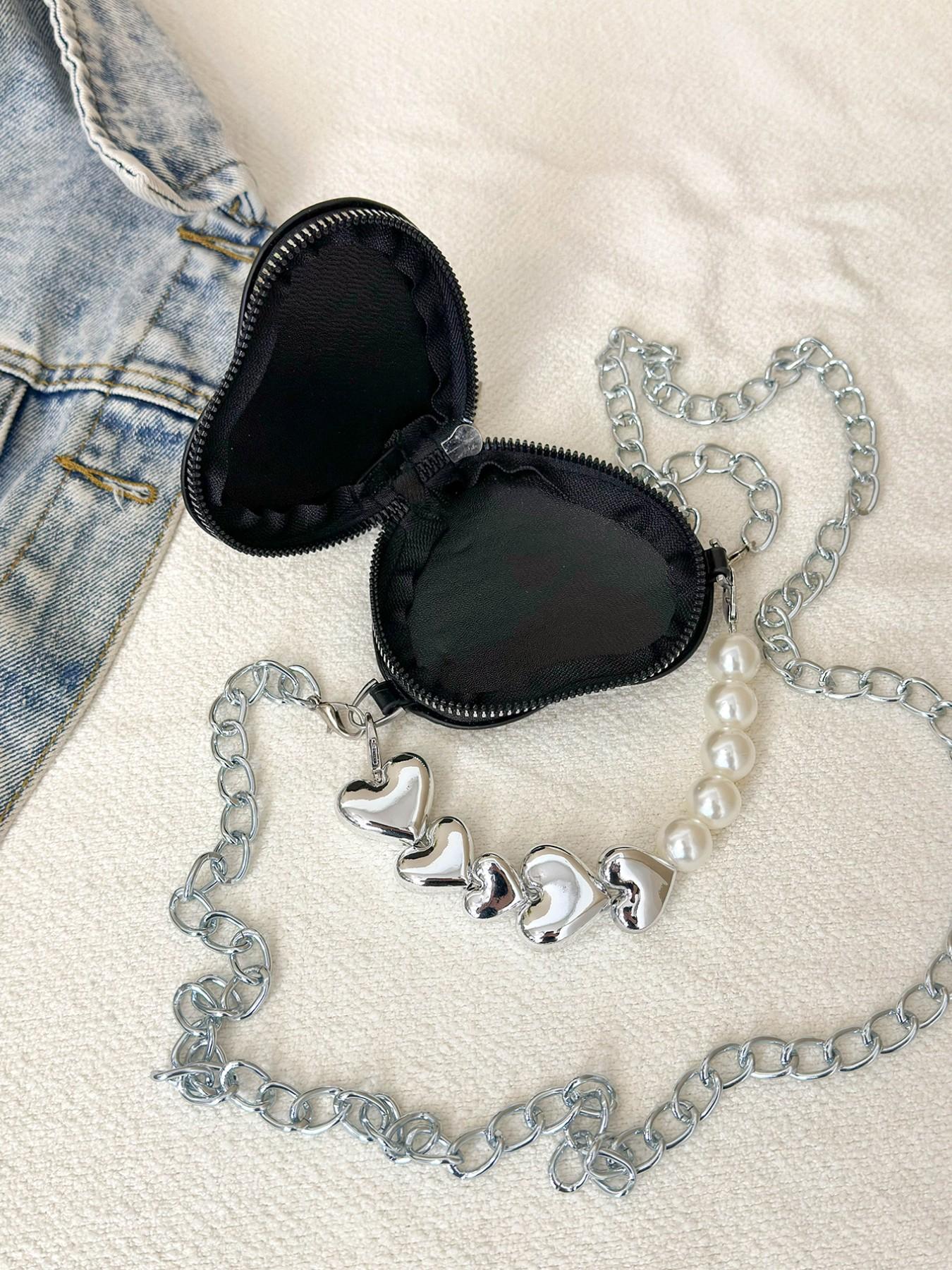 Vintage Mini Crossbody Bag, Crocodile Pattern Pearl Chain Purse, Heart Shape Fashion Coin Wallet, All Seasons Solid Design