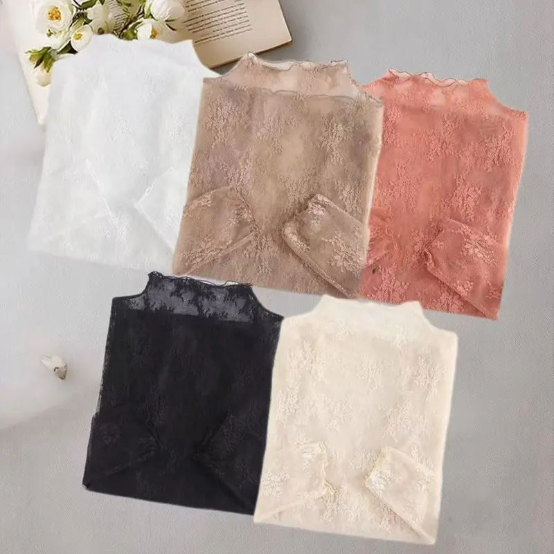 Women's 3pcs/5pcs Rayon Elegant Lace Mock Neck Undershirt, Sheer Mesh Long Sleeve Layering Top, See-Through Base Layer for Casual Dress & Going Out (Black+White+Coffee+Caramel+Apricot, Other Options Available)