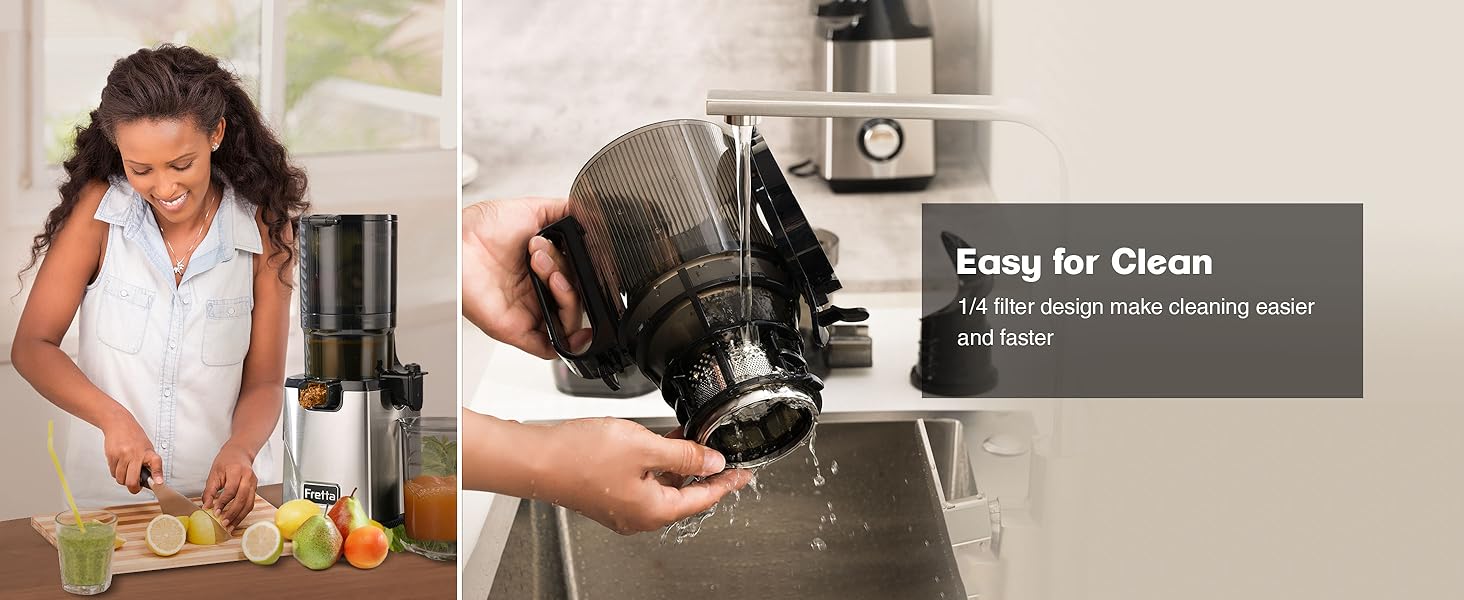 FRETTA cold pressed juicer with 5.3" Feed Chute, Slow Masticator Chute, For Whole Vegetables and Fruits, High Yield, Easy to Clean Springtok Steel FRETTA cold pressed juicer with 5.3" Feed Chute, Slow Masticator Chute, For Whole Vegetables and Fruits, High Yield, Easy to Clean Springtok Steel