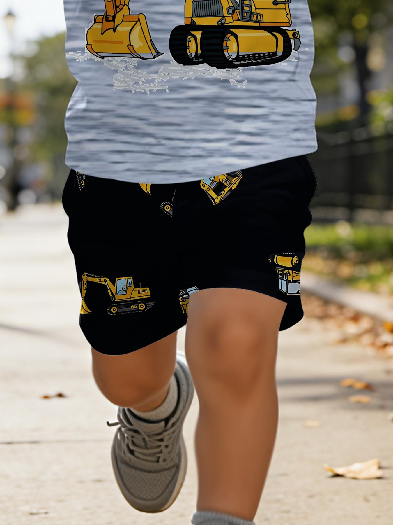 Vibrant Printed Infant Short-Sleeve Set for Little Engineering Vehicle Fans, Casual Kids' Clothing for Babies, T-Shirt Suitable for Daily and Outdoor Activities, 100% Polyester, a Perfect Gift for Infants!