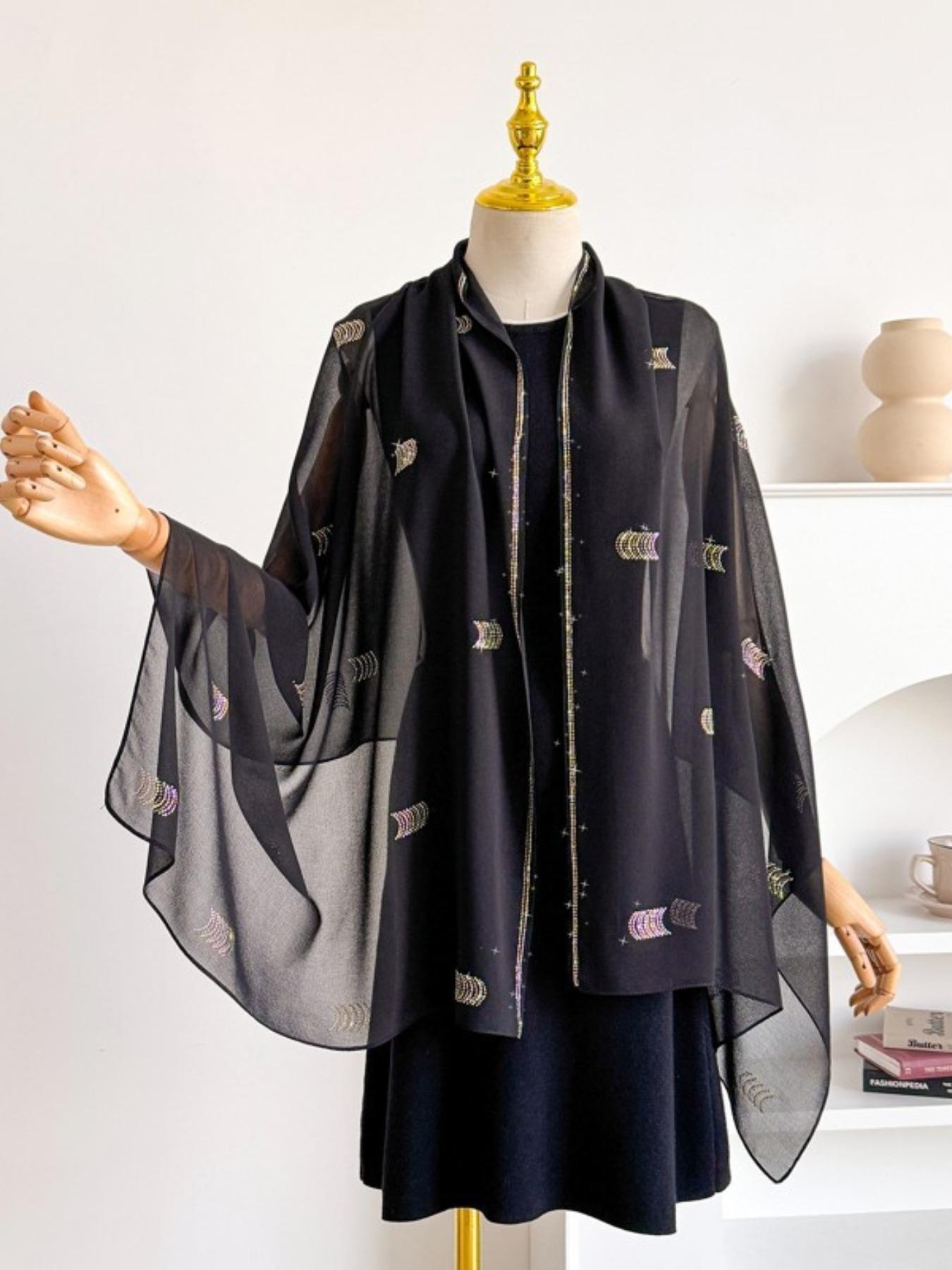 Single Piece Multi-Functional Plain Color New Arcuate Rhinestone Chiffon Long Scarf, Pearl Embellished Sun Protection Shawl, Ethnic Headscarf