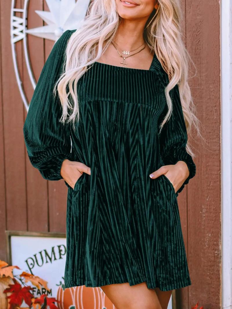 Women's Plain Bishop Sleeve Tie Back Square Neck Elastic Velvet Dress, Elegant Long Sleeve A Line Short Dress for Party Holiday Wedding Guest,Christmas Dress, Ladies Clothes for Winter