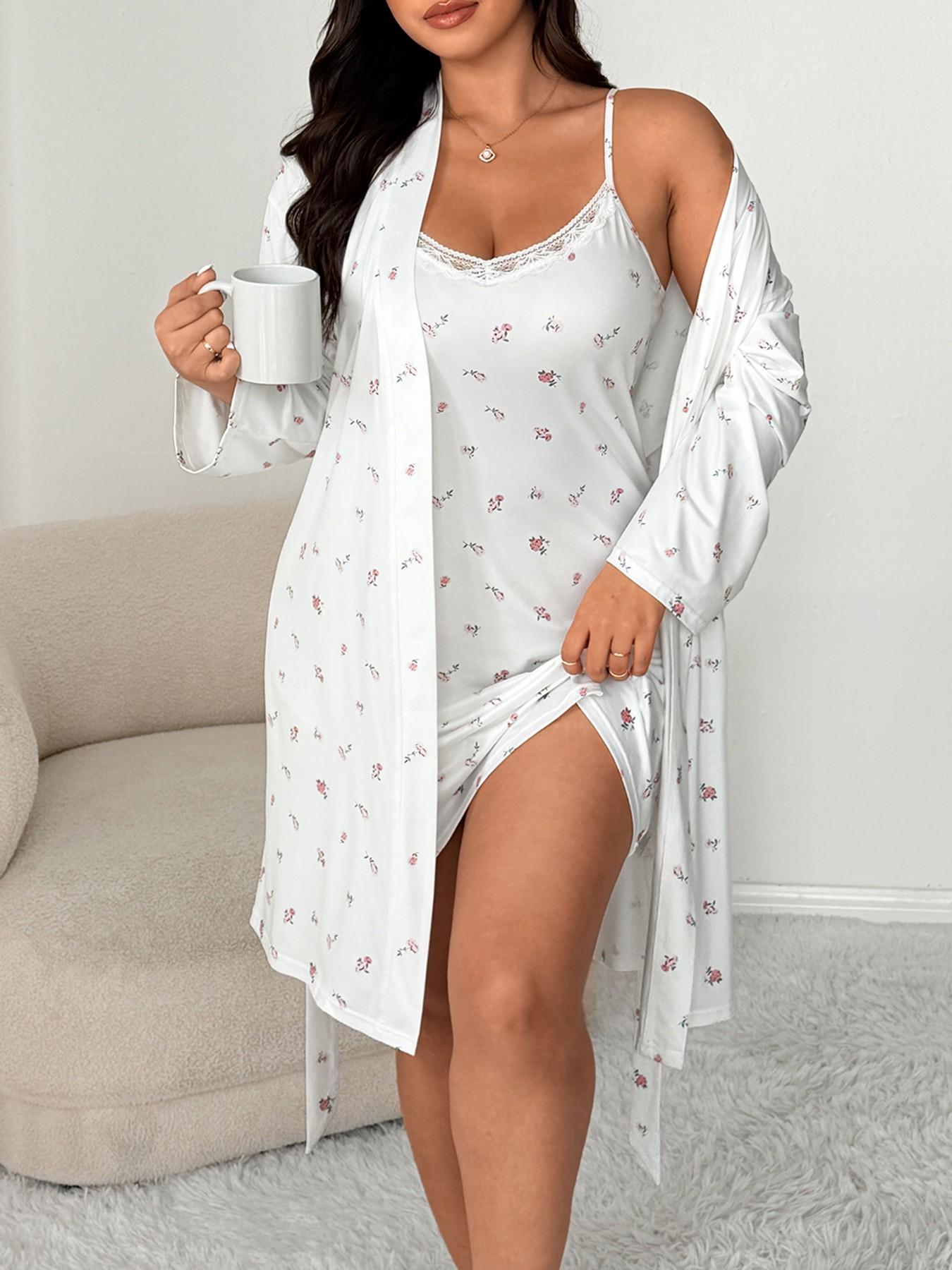 Plus Size Cherry Floral Lace Halter Dress + Long Sleeve Sleepwear Set, Sweet Casual Home Wear, Fitted Summer