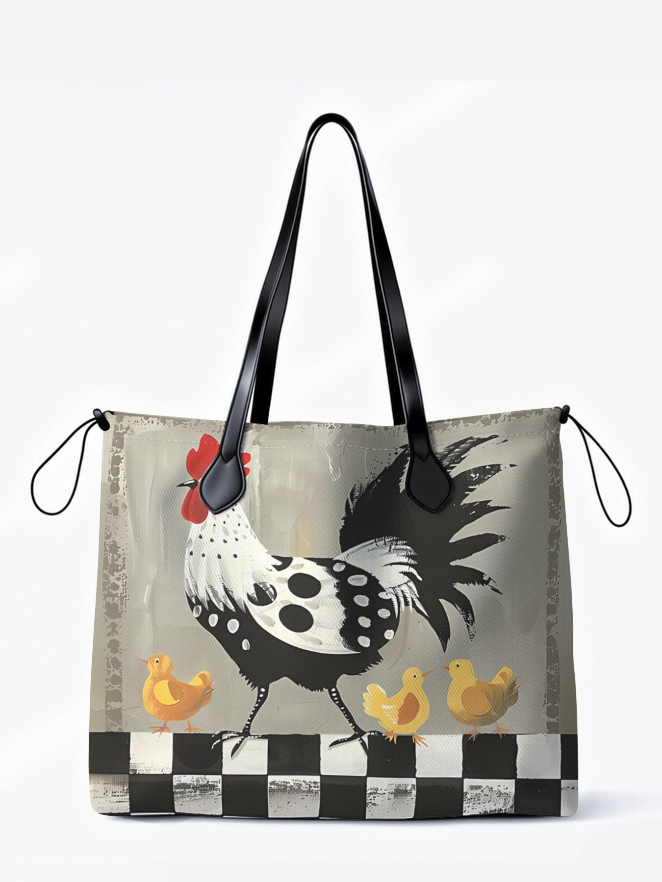 Rooster Pattern 2D Printed Drawstring Tote Bag, Large Capacity Shopping Bag, Durable All Season Use, Ideal for Work, Shopping, Picnic, Travel Tote