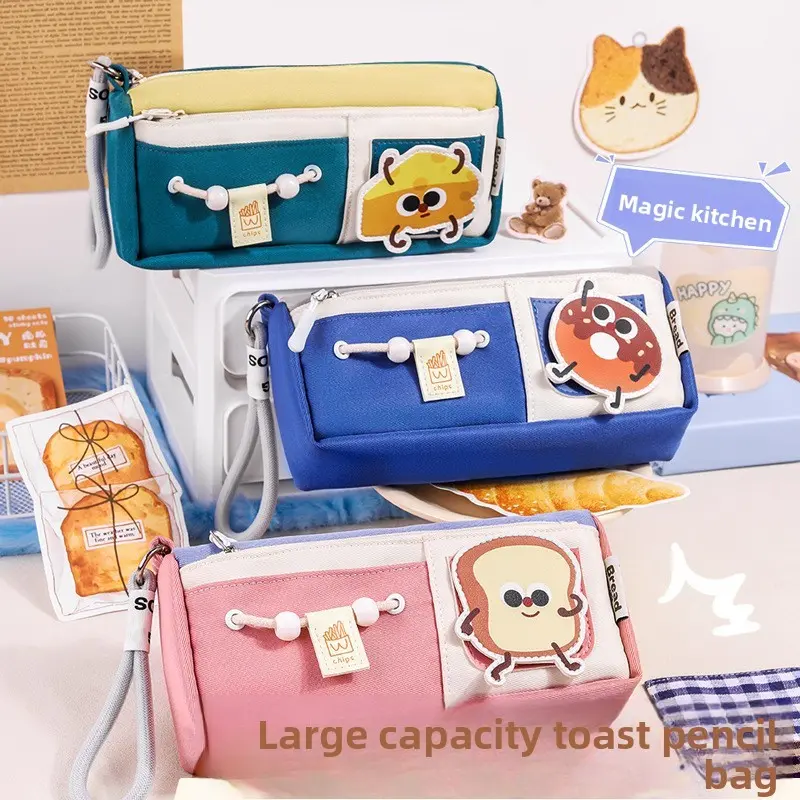 Cheese Toast Pencil Case DIY Handheld Multi-Layer Large Capacity, Unique Design Pencil Box, Student Stationery Bag, Korean Style