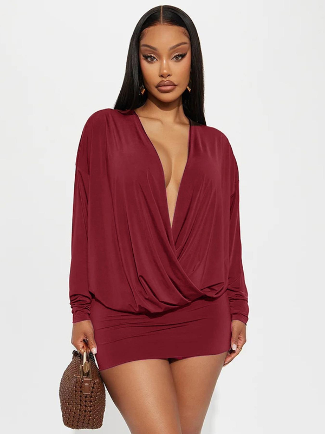 Women's Street Style Y2K Deep V Batwing Sleeve Dress, Long Sleeve Spring & Fall Fashion, Trendy Ladies for Casual Wear, Casual Comfy Chic