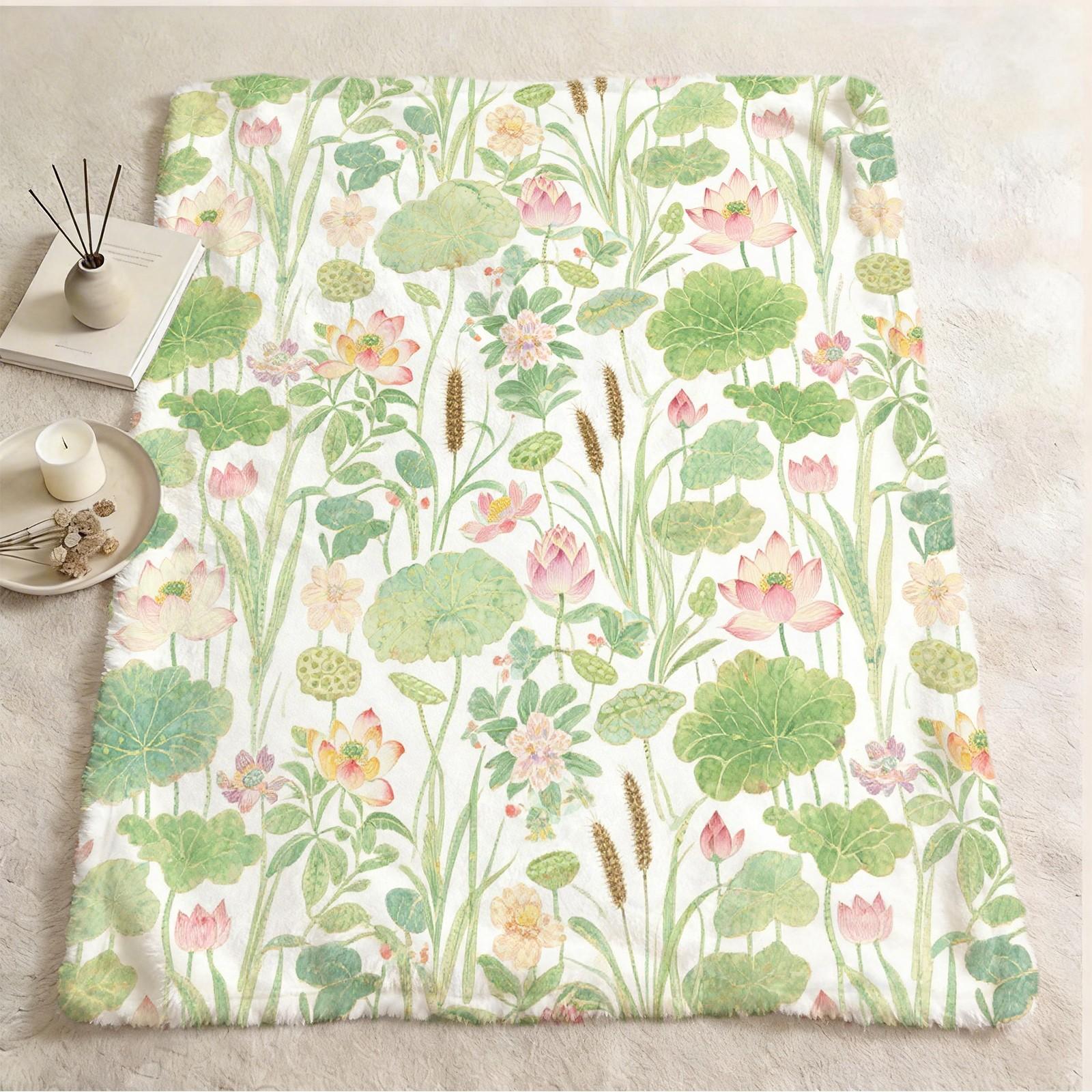 1 Piece Watercolor Lotus Pond Throw Blanket, HD Digital Single-Sided Printed Flannel Blanket, Super Soft Cozy Plush Warm Gift Blanket for Sofa Bed Travel Camping Decor