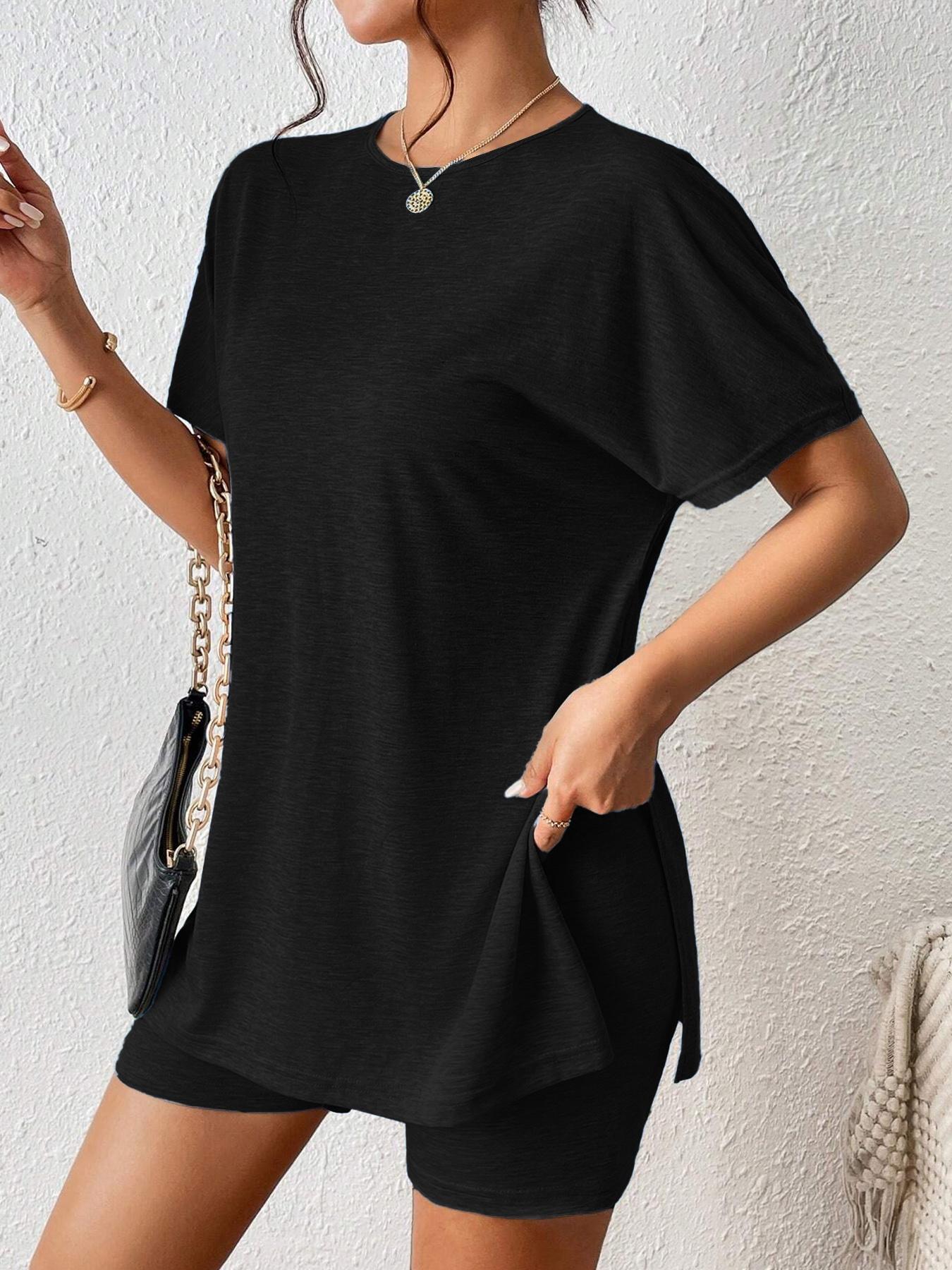 Women's Summer Casual Set, Plain Comfortable Split Two-Piece, Batwing Sleeve Round Neck T-Shirt + Tight Short Pants, Youthful Trendy
