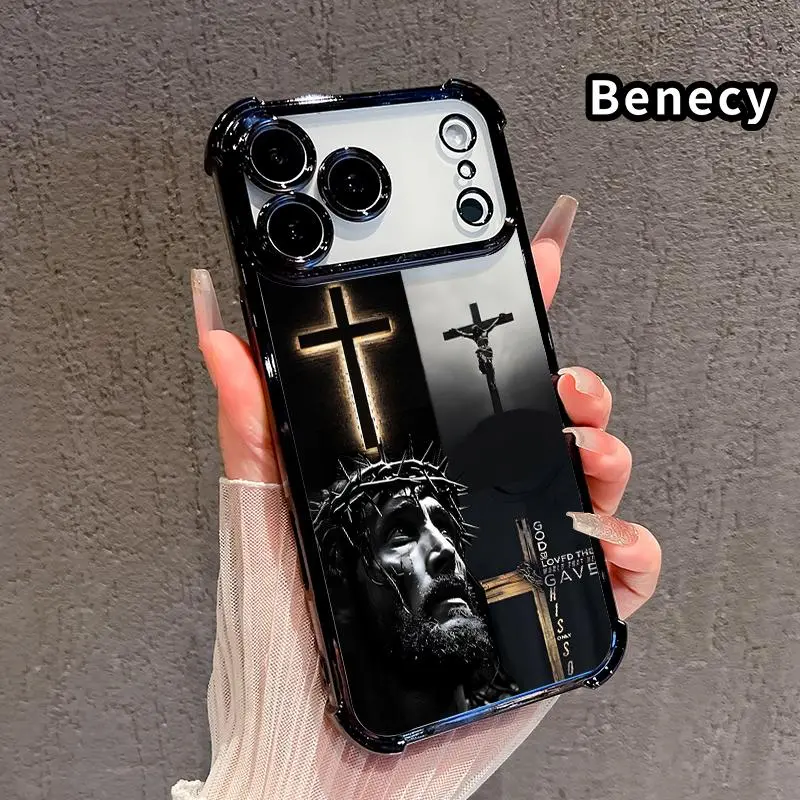 Four Corner Airbag Anti-Collision Electroplated Phone Case for iPhone 18 Pro Max 17 16 15 Plus Air 14 13 12 11 E Divine Sacrifice Faith Pattern Protection Smartphone Cover Cellphone Protective Shockproof Casing