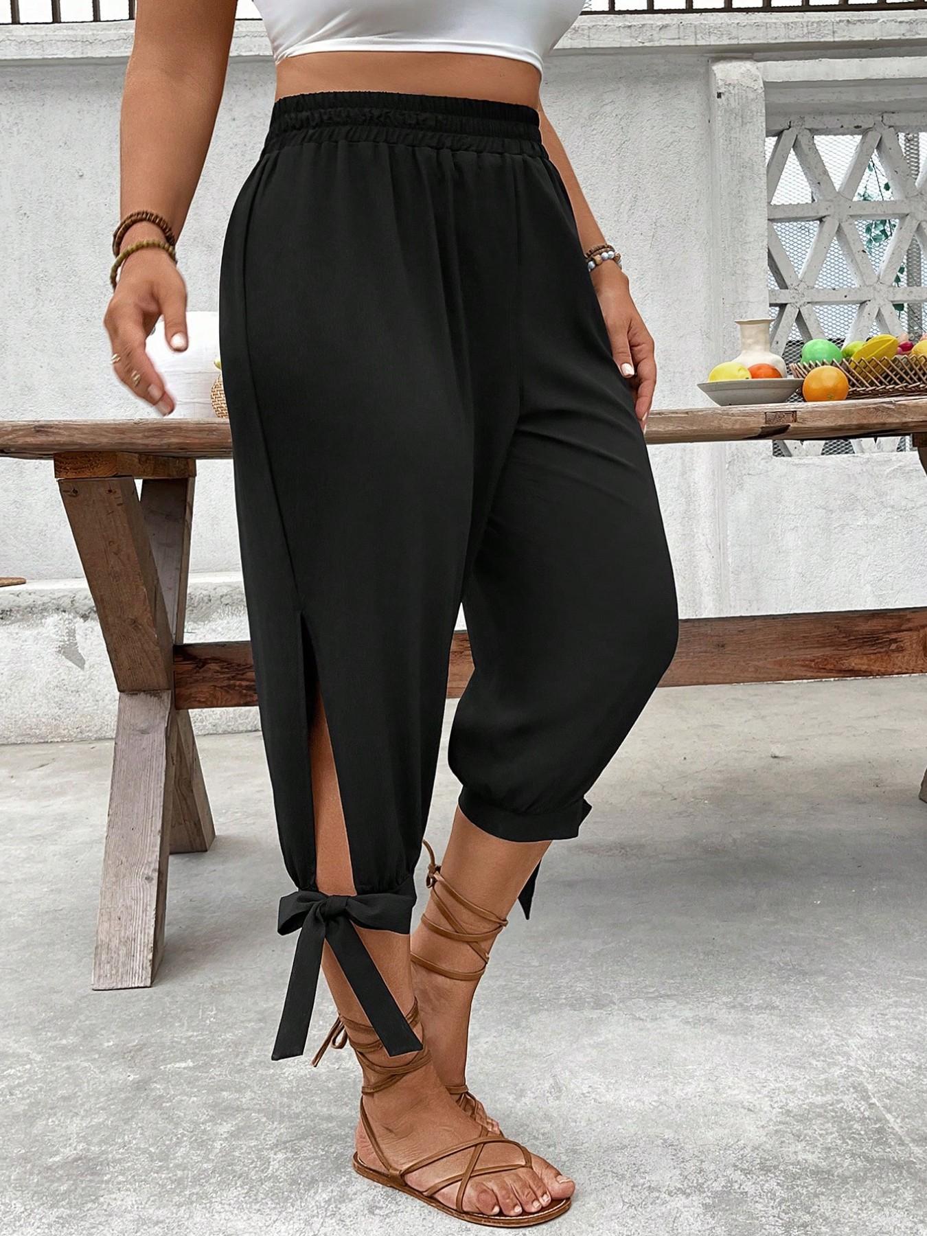 Plus Size Plain Capri Pants, Cute Commuter Pants, Casual Elastic Waist Trousers with Side Slit & Bow Detail, Lightweight Breathable Fabric, Summer Vacation Wear, Comfortable Fitted Work Bottoms Plus Size Plain Capri Pants, Cute Commuter Pants, Casual Elastic Waist Trousers with Side Slit & Bow Detail, Lightweight Breathable Fabric, Summer Vacation Wear, Comfortable Fitted Work Bottoms
