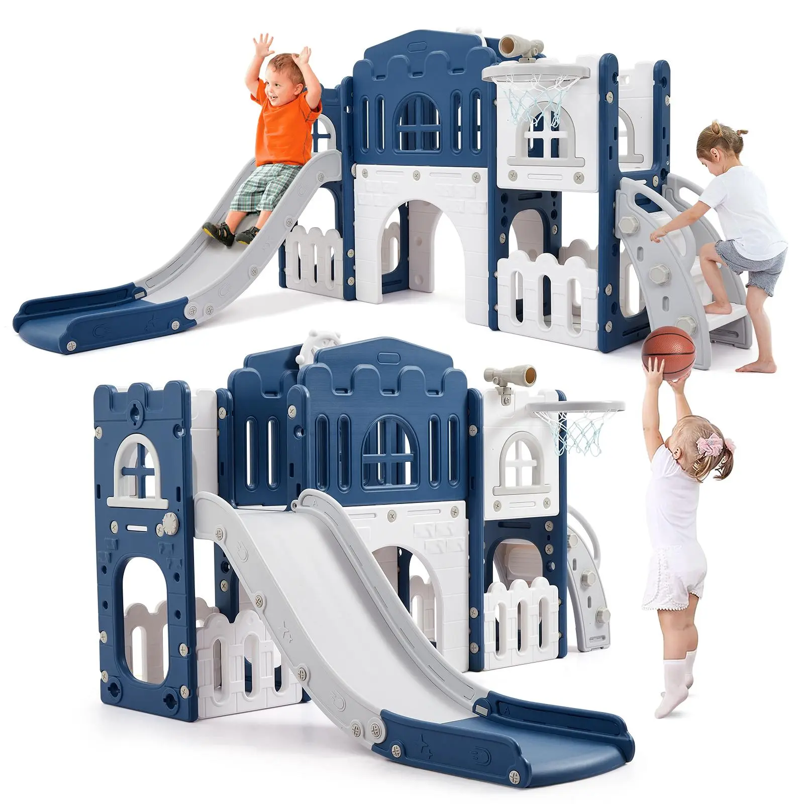 【Christmas Gift】 8-in-1 Toddler Climber and Slide Playset - Playground Equipment, Toddler Toys, Non-Toxic HDPE Plastic Indoor/Outdoors Activity Center with Crawl Tunnel, Basketball Hoop, Toy Storage, Sturdy L-Shaped Base, Kids Ages 1-3 Birthday Gift