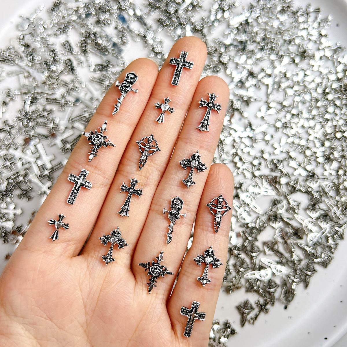 100PCS Punk Style Alloy Cross Nail Charms 3D Heavy Dark Gothic Cross Mixed Nail Art Decorations DIY Cool Nail Designs