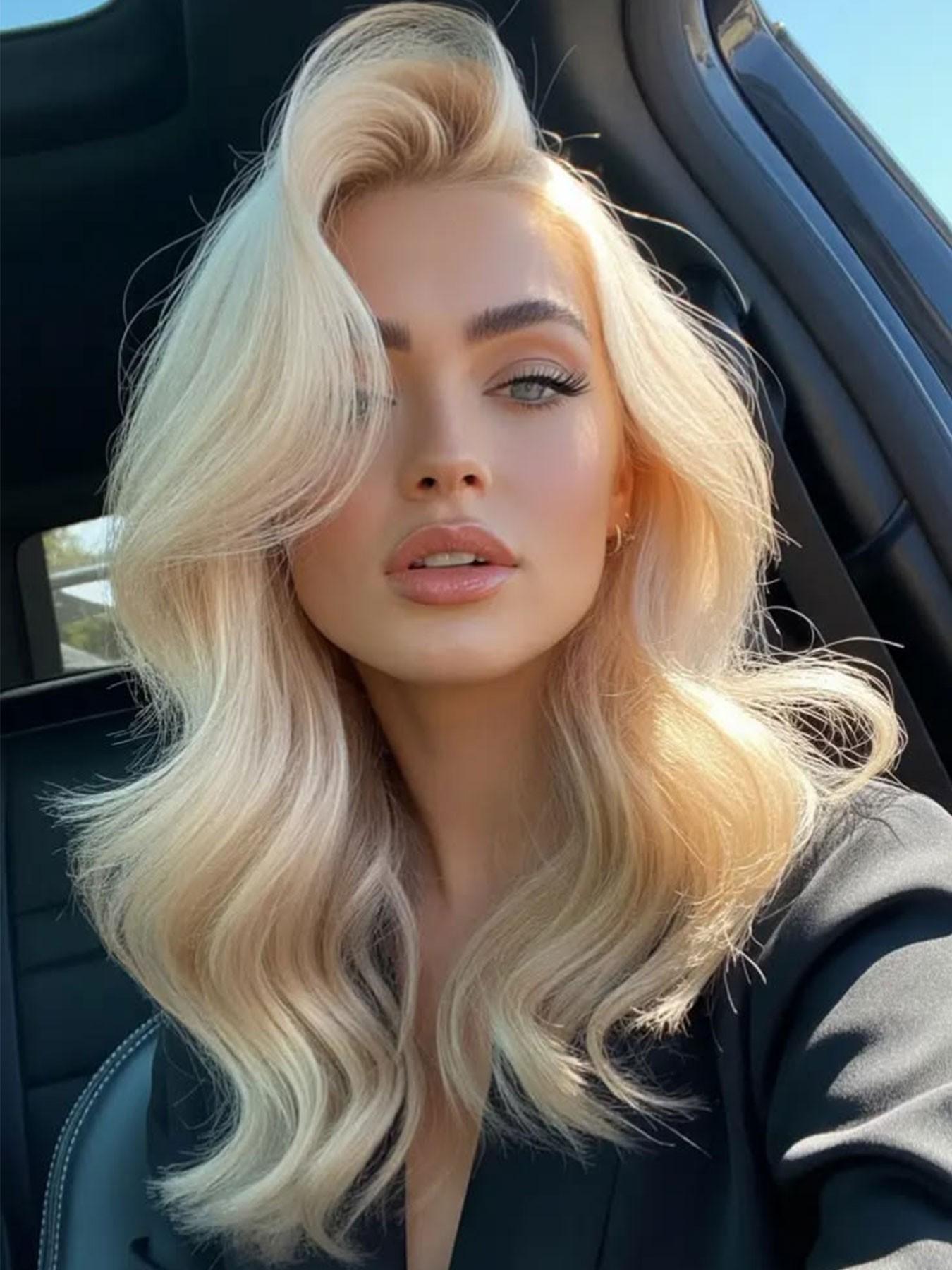 16 Inch Blonde Synthetic Lace Front Wig For Women, 13x4 Front Lace Natural Hairline,Medium Length Body Wave, Middle Part,  Heat Resistant Fiber, Daily/Party/Cosplay Wig