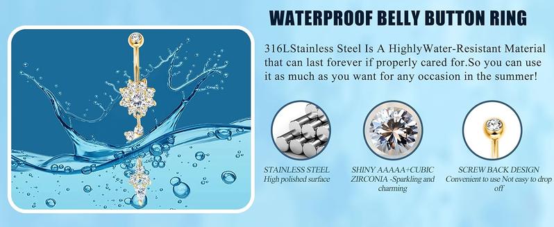 6pcs Belly Button Bar for Women, 14g Dangle Belly Bar, 316L Surgical Steel Cz Navel Barbell, Body Piercing Jewelry, Fashion Body Jewelry, 10mm