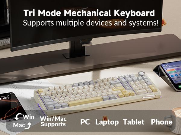 【NEW】Solakaka KI99 Pro 96% Wireless Mechanical Gaming Keyboard, RGB Backlit, Tri-Mode Hot-Swappable Gasket Structure with Knob Control, Pre-Lubed Switches, Creamy Beige White Keyboard for PC Laptop cream keyboard FallFreshness