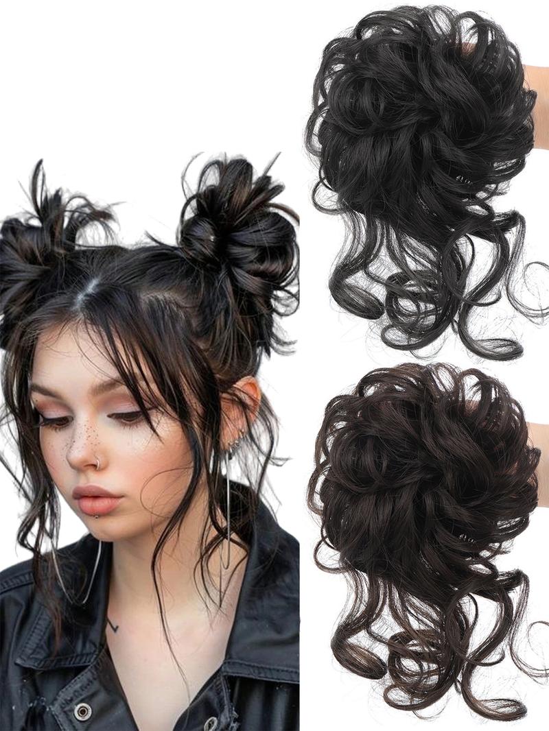 2 Piece Bun Set Messy Updo Bun Hair Loop Fake Hair with Braid Elastic Hair Accessory Tail Ladies Soft Synthetic Hair Synthetic Curly Ponytail Curly Wave Hair Coil Thick Updo Hair Loop Everyday Synthetic Bun Natural Hair Color