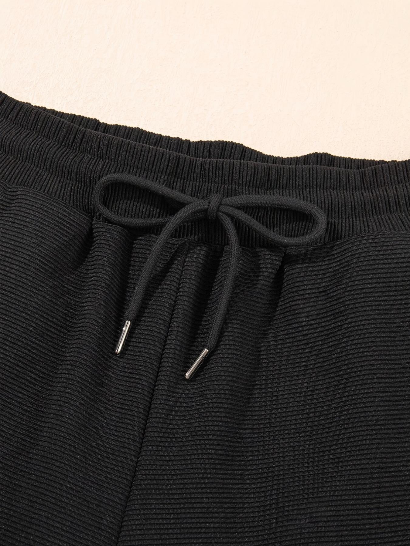 Women's elegant solid color textured ruffled sleeve half-zip top T-shirt sweatshirt and high waist wide-leg pants set, comfortable and fashionable, suitable for sports, daily leisure, outdoor activities, parties, lazy time wear