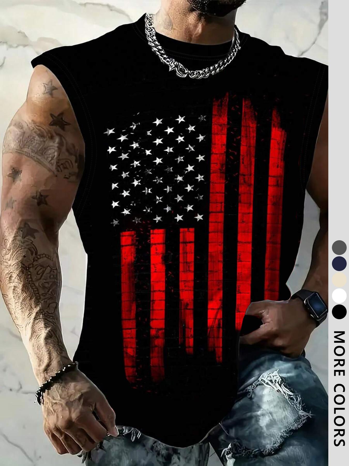 Men's American Flag Print Tank Top, Regular-Fit Casual Sleeveless Top for Daily Outdoor Wear, Men's Clothes for Summer Men's American Flag Print Tank Top, Regular-Fit Casual Sleeveless Top for Daily Outdoor Wear, Men's Clothes for Summer