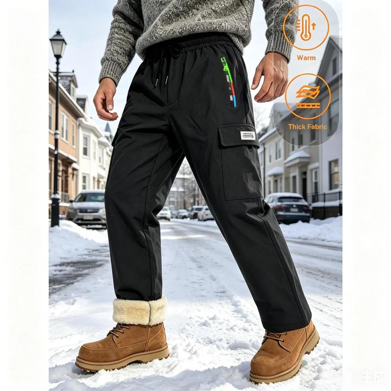 Men's Fleece-Lined Insulated Long-Length Snow Pants - Windproof Multi-Pocket Loose-Fit Male Clothing for Outdoor Sport, Universal Cold Weather Skiing Commute