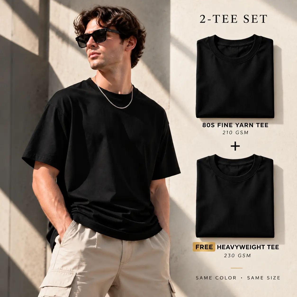 Men’s 2-Pack Basic Round Neck 100% Cotton T-Shirts - 80S Fine Yarn, 210 GSM Heavyweight Oversized Menswear, Plain Smooth Classic Soft Casual Streetwear Tops
