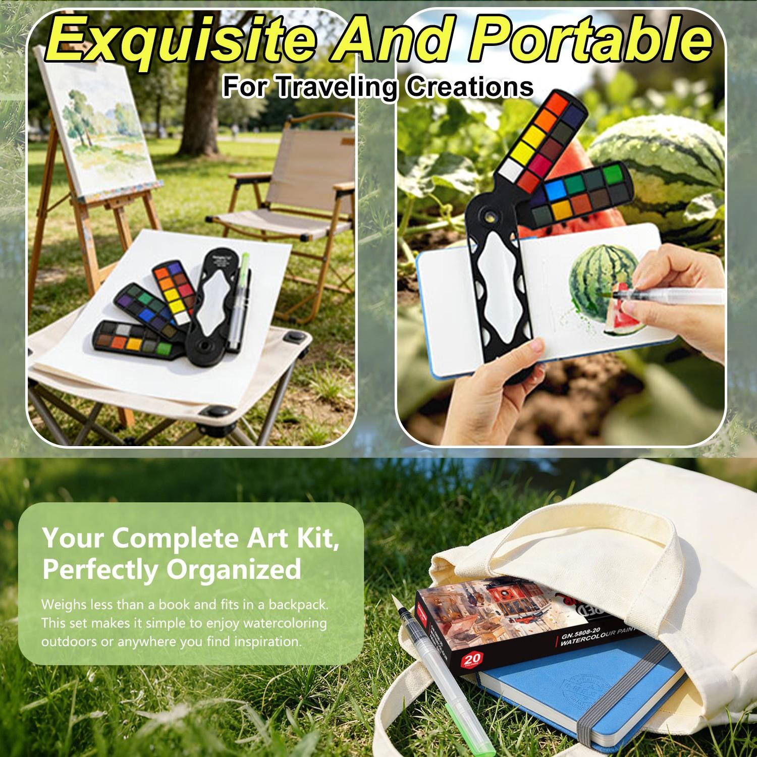 Guangna Watercolor Paint Set, Portable Foldable, Includes Brush & Palette, Ideal for Artists, Outdoor Sketching, 20/30/40 Colors