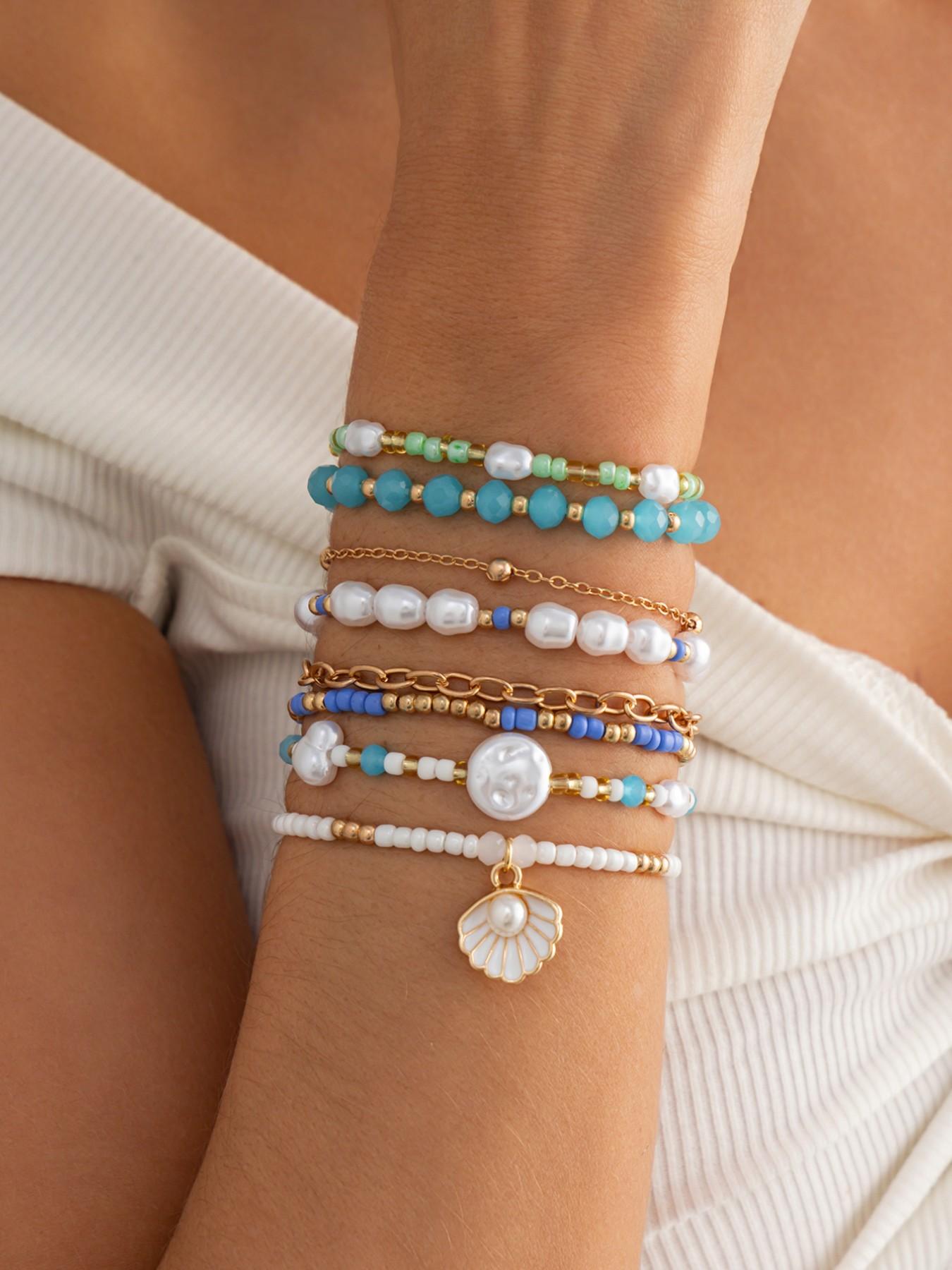 8-Piece Boho Multi-Layer Beaded Bracelet Set, Shell Faux Pearl Blue Block Stackable Wristbands, Spring Summer Beach Vacation Style
