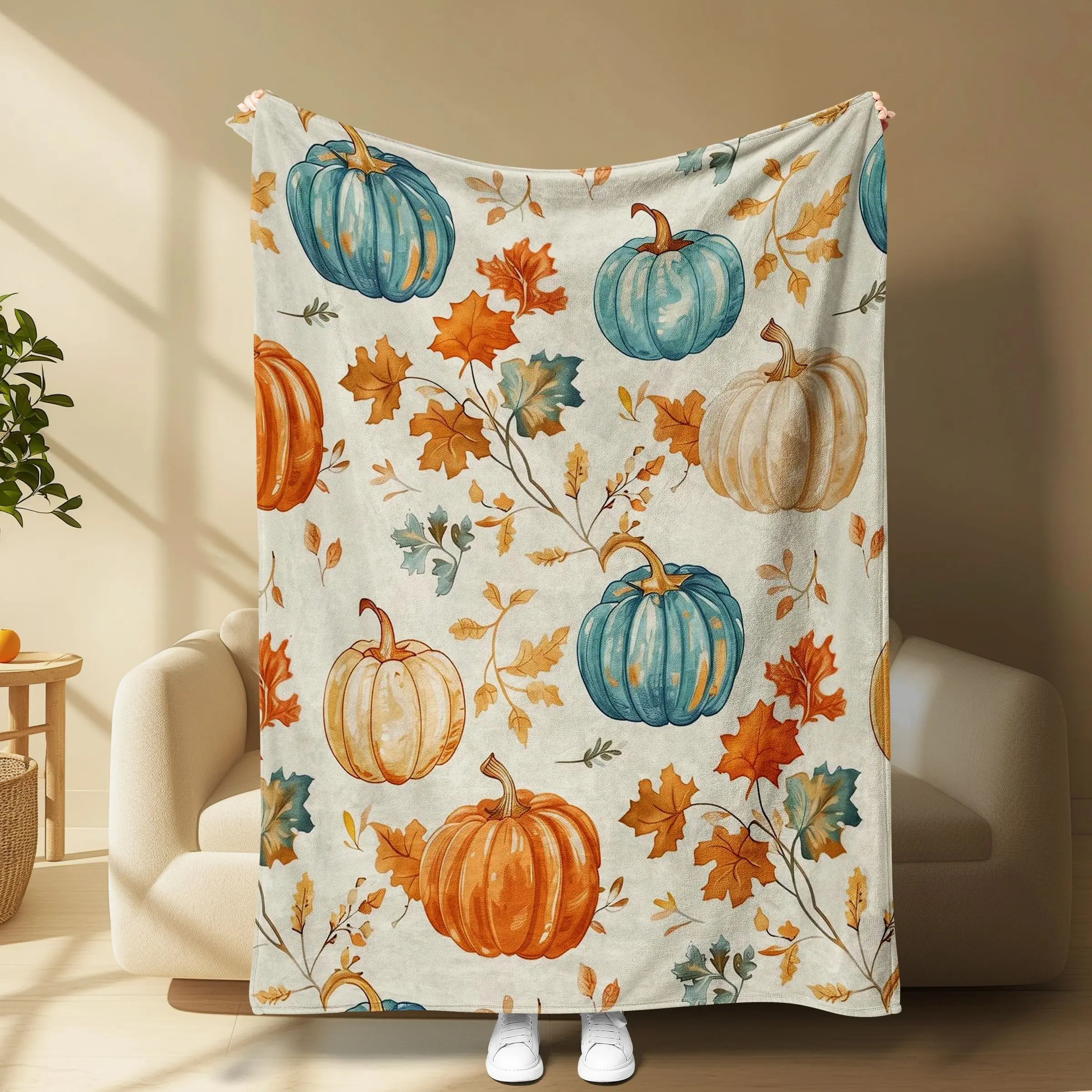 Autumn Pumpkin Throw Blanket, Soft Cozy Flannel Fleece, Blue Pattern, Lightweight Warm for Sofa Bed Travel, Thanksgiving Gift
