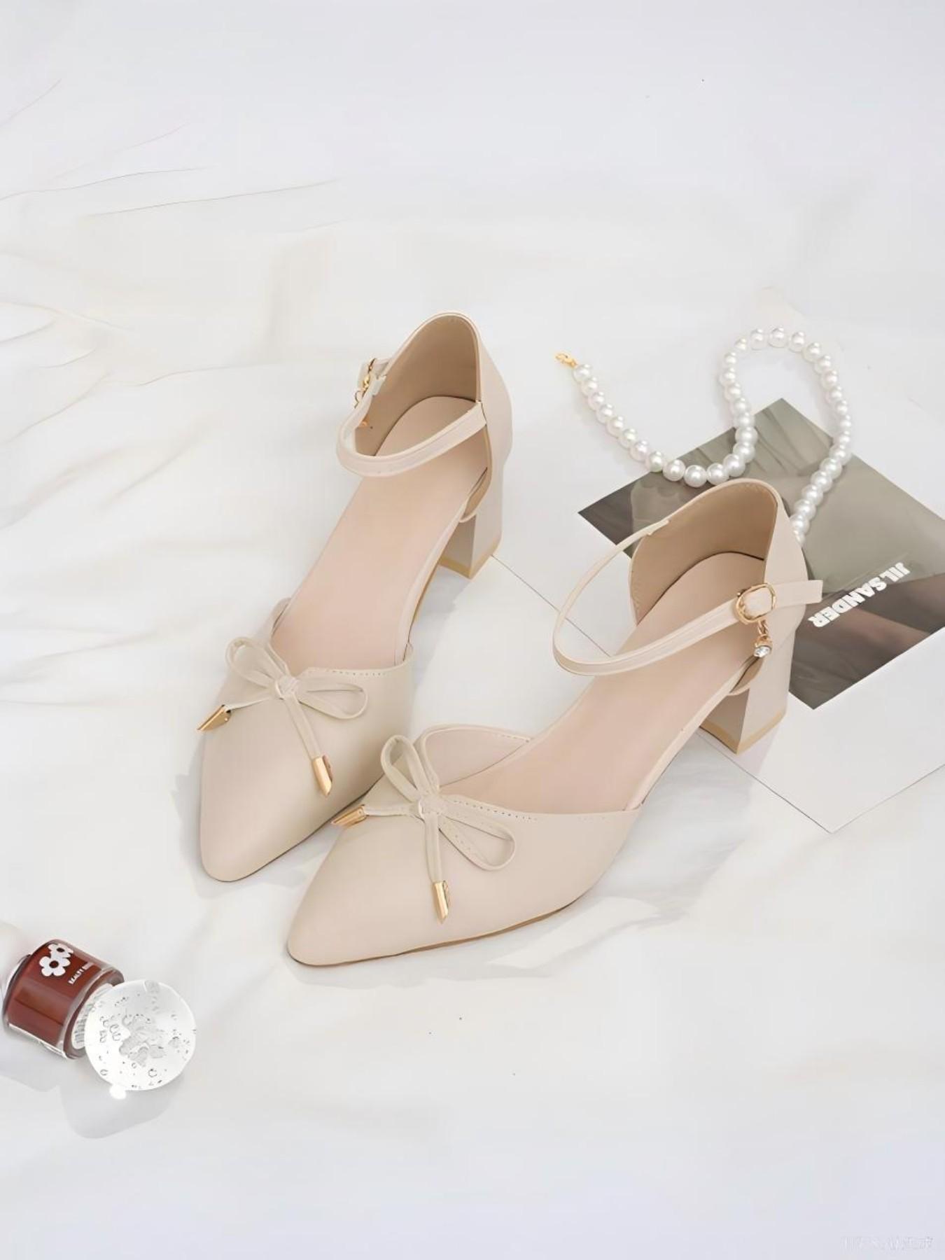 Women's Elegant Pointed Toe Heeled Sandals, Bowknot Anklet Mary Jane Shoes, Comfortable Mid-Heel Dress Shoes for Office, Wedding, Party