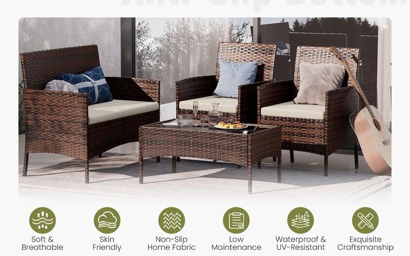 Amopatio Patio Set 4 Pieces Small Belcony Furniture, Outdoor Wicker Rattan Conversation Set for Family Party on Backyard, Poolside,Garden,Deck,Porch