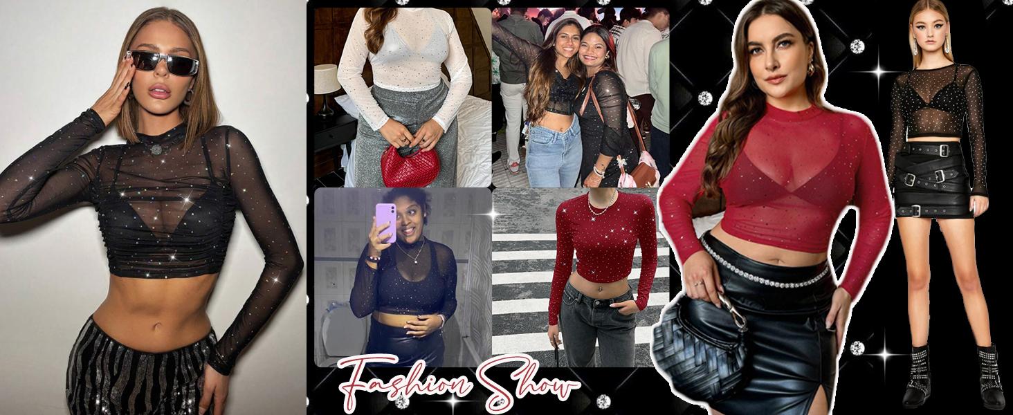 Avidlove Womens Sparkly Rhinestone Mesh Top Long Sleeve Sheer Shirt Crewneck Glitter Tops See Through Crop Top Avidlove Womens Sparkly Rhinestone Mesh Top Long Sleeve Sheer Shirt Crewneck Glitter Tops See Through Crop Top