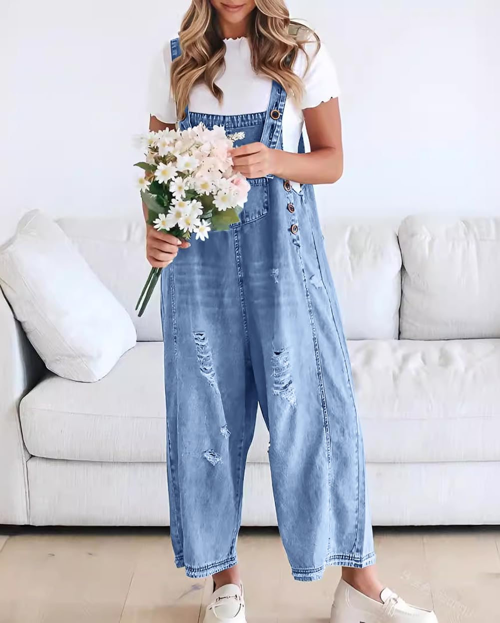 Chouyatou Women Loose Adjustable Strap Denim Bib Overall Jeans Distressed Wide Leg Baggy Overalls Jumpsuit SpringStatements